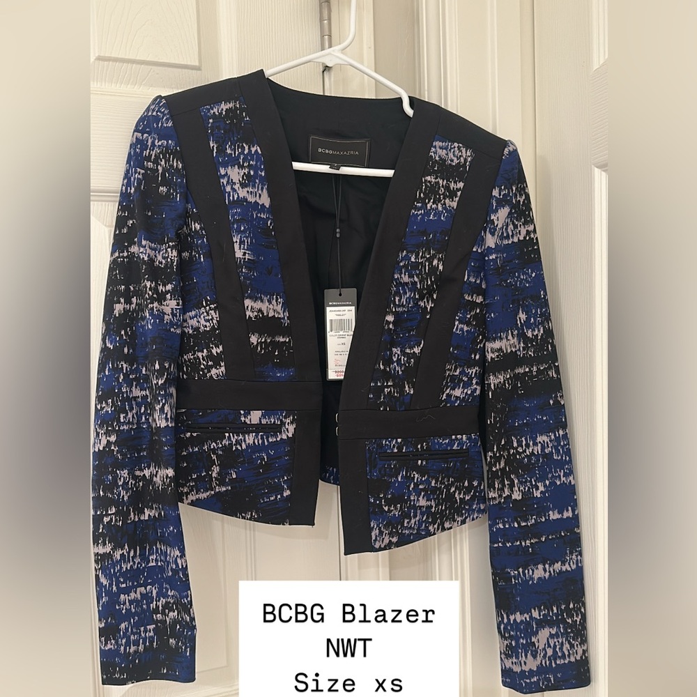 BCBG Blue and Black Cropped Blazer with Metallic Accents